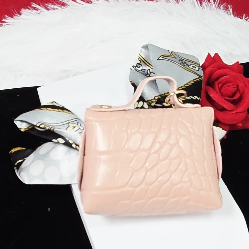 Pink Croc Mini Purse Bag Charm Keychain Scarf Bow AirPods Coin Pouch Keyring New
